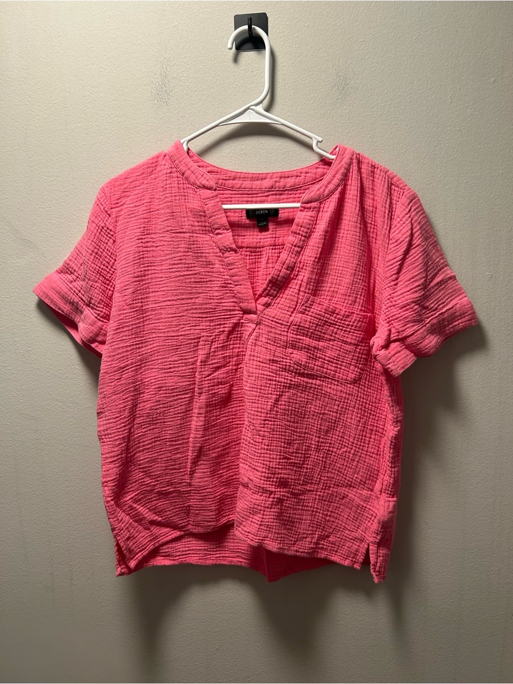 J. Crew Bright Pink Textured V-Neck Short Sleeve Blouse